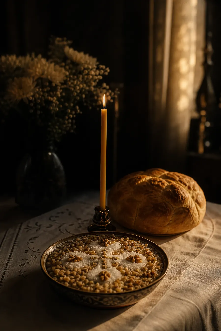 Маса за помен с жито, питка и свещ