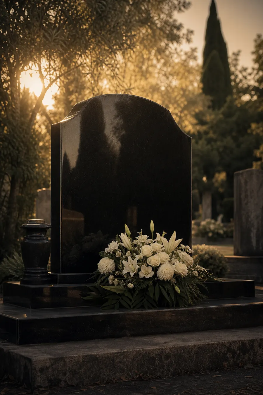 Паметник от полиран черен гранит с бели цветя